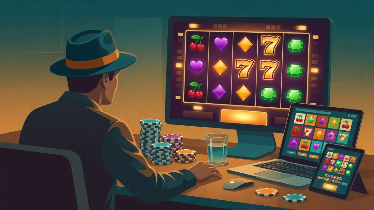 Illustration of a man in a hat playing a slot game on a monitor, with poker chips, a laptop and a tablet on the desk